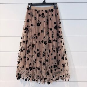 Chicwish Fairycore Goth Tulle Midi Skirt Flocked Floral Vintage Dark Academia S